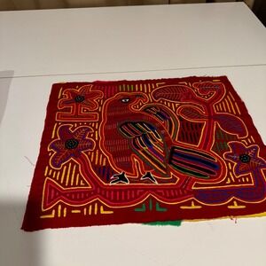 Mola Art Textile Panel Eagle Floral Design Handmade Folk Art Wall Hanging